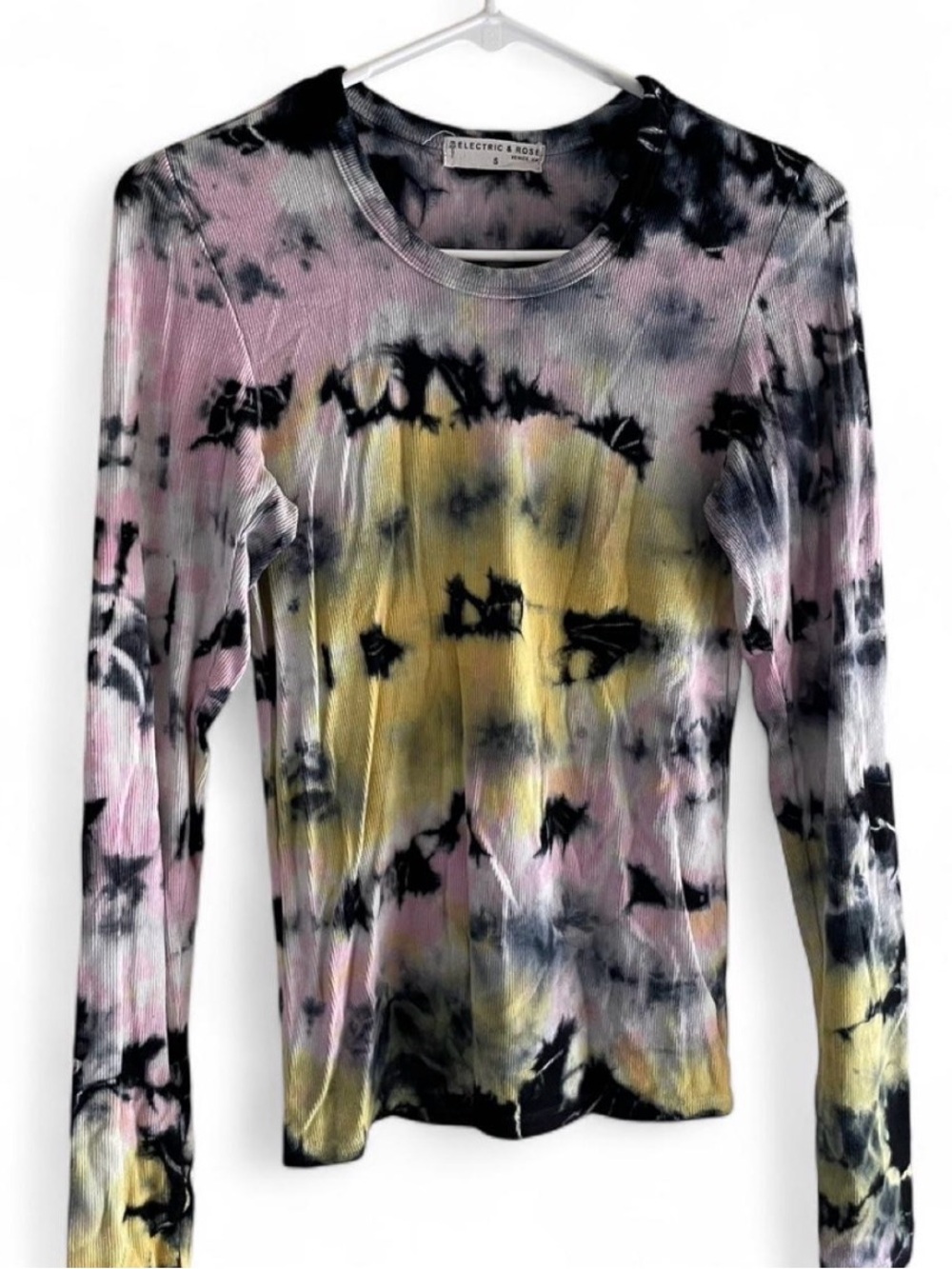 Electric & Rose Tie-Dye Ribbed Long Sleeve Top — Pink, Yellow, Black